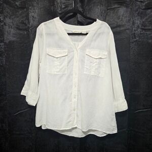 Orvis Womens White 100% Linen Button Down V-Neck 3/4 Sleeve Utility Shirt Large